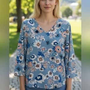 L • Mercer & Madison • Floral Blouse with V-Neck and Tulip Style Bell Sleeves